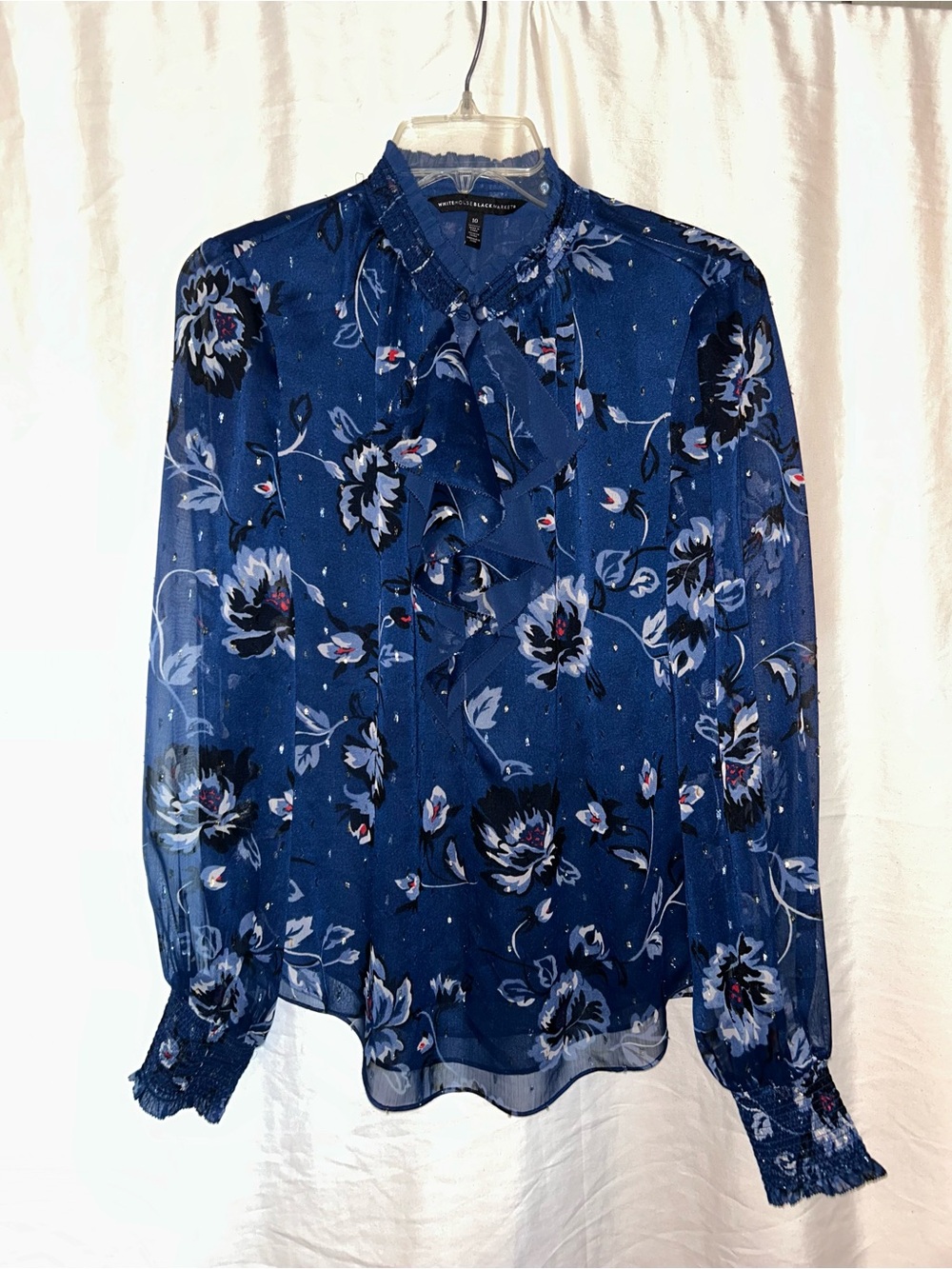 White House Black Market Blue Ruffle Neck Blouse with Sheer Sleeves